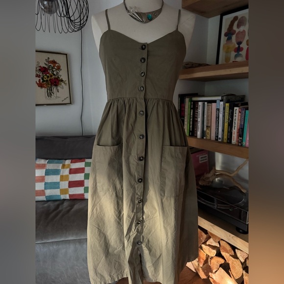 Vintage Khaki Button-Down Spaghetti Strap Dress with Pockets! - Picture 2 of 4